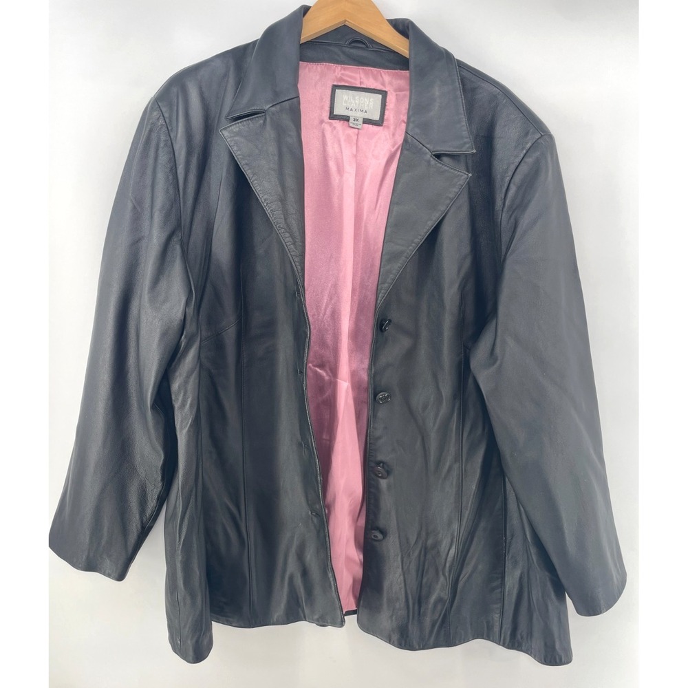 Vtg Wilsons Leather Black Button Jacket Blazer Plus 3X Maxima Y2K 90s Pink Lined
